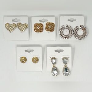 5 Pair of Pierced Earrings Gold Tone & Clear Rhinestones